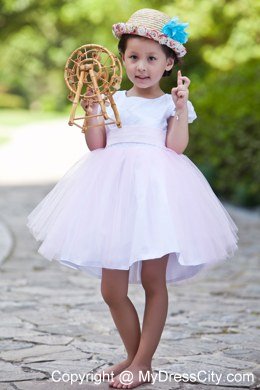 White and Pink Short Scoop Flower Girl Dress with Cap Sleeves