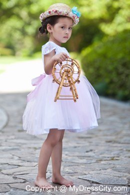 White and Pink Short Scoop Flower Girl Dress with Cap Sleeves