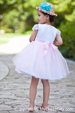 White and Pink Short Scoop Flower Girl Dress with Cap Sleeves