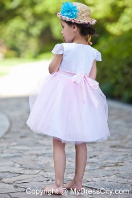 White and Pink Short Scoop Flower Girl Dress with Cap Sleeves