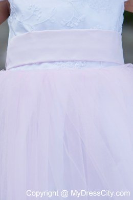 White and Pink Short Scoop Flower Girl Dress with Cap Sleeves