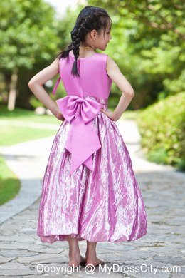 Ankle-length Sheath Scoop Lavender Satin Bow Flower Girl Dress