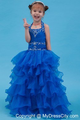 Blue Organza Ruffled Halter Girls Party Dress with Appliques