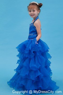 Blue Organza Ruffled Halter Girls Party Dress with Appliques