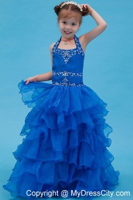 Blue Organza Ruffled Halter Girls Party Dress with Appliques