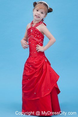 Halter Top Red Taffeta Beading Flower Girl Dress in A-line Style