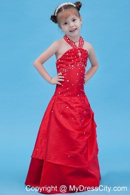 Halter Top Red Taffeta Beading Flower Girl Dress in A-line Style