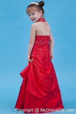 Halter Top Red Taffeta Beading Flower Girl Dress in A-line Style