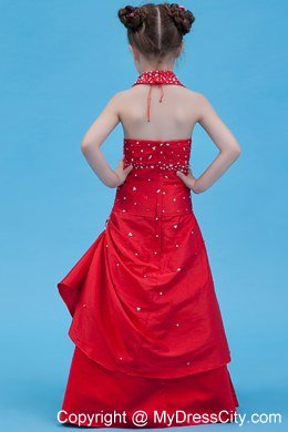 Halter Top Red Taffeta Beading Flower Girl Dress in A-line Style