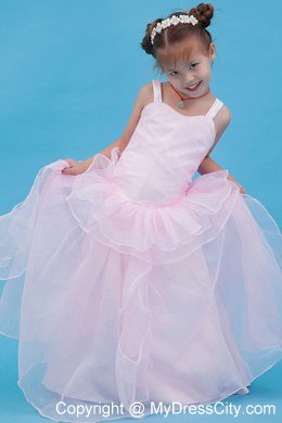 Straps Organza Layered Flower Girl Dress in Baby Pink Design