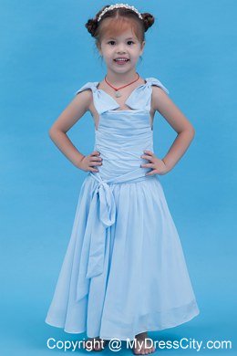 Baby Blue Off the Shoulder Chiffon Ruched Flower Girl Dress