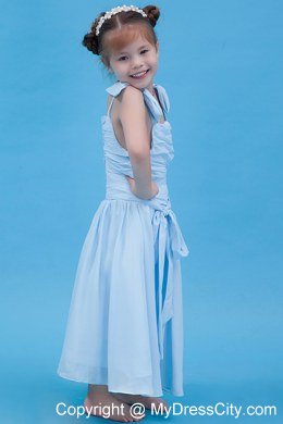 Baby Blue Off the Shoulder Chiffon Ruched Flower Girl Dress