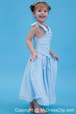 Baby Blue Off the Shoulder Chiffon Ruched Flower Girl Dress