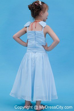 Baby Blue Off the Shoulder Chiffon Ruched Flower Girl Dress