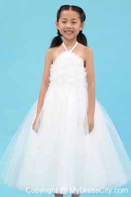 Halter Tulle White A-line Short Appliques Flower Girl Dress