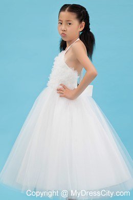 Halter Tulle White A-line Short Appliques Flower Girl Dress