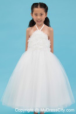 Halter Tulle White A-line Short Appliques Flower Girl Dress