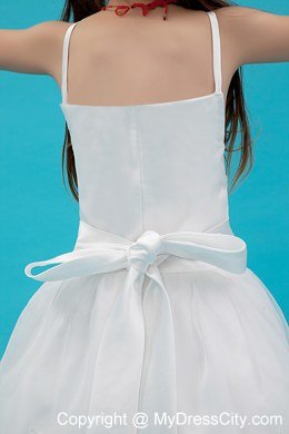 Ankle-length White A-line Straps Organza Sash Flower Girl Dress