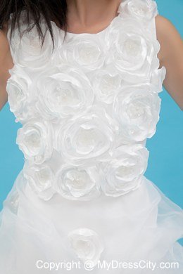 White Scoop Organza Rolling Flowers Girl Dress with Court Train