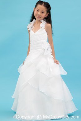 White Halter A-line Organza Ruch Flower Girl Dress with Layers