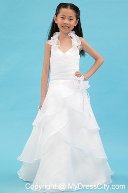 White Halter A-line Organza Ruch Flower Girl Dress with Layers