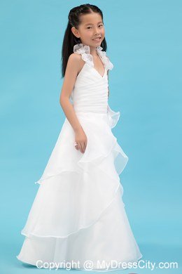 White Halter A-line Organza Ruch Flower Girl Dress with Layers