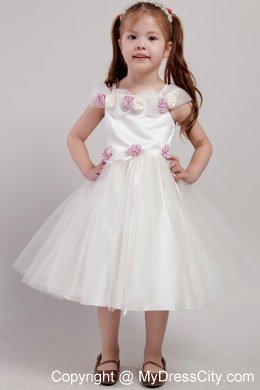 Hand Made Flower White Square Tea-length Tulle Little Girl Dress