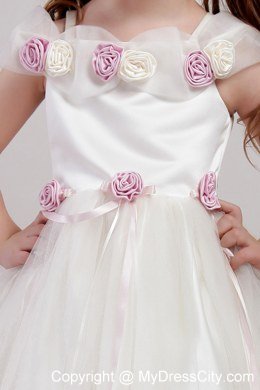 Hand Made Flower White Square Tea-length Tulle Little Girl Dress