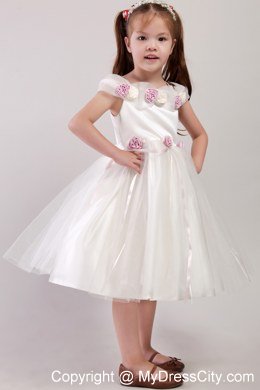 Hand Made Flower White Square Tea-length Tulle Little Girl Dress