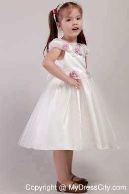 Hand Made Flower White Square Tea-length Tulle Little Girl Dress