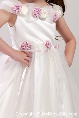 Hand Made Flower White Square Tea-length Tulle Little Girl Dress