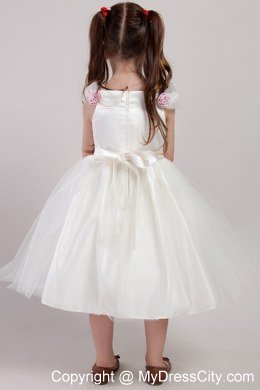 Hand Made Flower White Square Tea-length Tulle Little Girl Dress