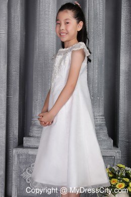 Tulle White Bateau Princess Lace Tea-length Little Girl Dress