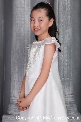 Tulle White Bateau Princess Lace Tea-length Little Girl Dress