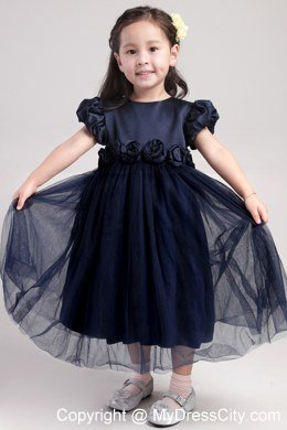 Tea-length Scoop Navy Blue Hand Made Flower Flower Girl Dress