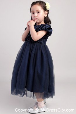 Tea-length Scoop Navy Blue Hand Made Flower Flower Girl Dress