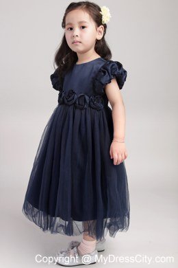 Tea-length Scoop Navy Blue Hand Made Flower Flower Girl Dress