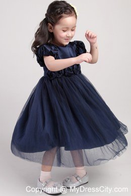 Tea-length Scoop Navy Blue Hand Made Flower Flower Girl Dress