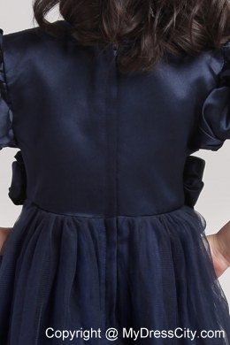 Tea-length Scoop Navy Blue Hand Made Flower Flower Girl Dress