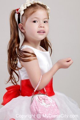 White A-line Scoop Taffeta Organza Bow Flower Girl Dress Sashed