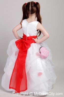 White A-line Scoop Taffeta Organza Bow Flower Girl Dress Sashed