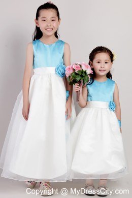 White and Blue Scoop Ankle-length Girls Party Dress with Flowers