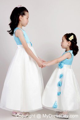 White and Blue Scoop Ankle-length Girls Party Dress with Flowers