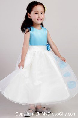 White and Blue Scoop Ankle-length Girls Party Dress with Flowers