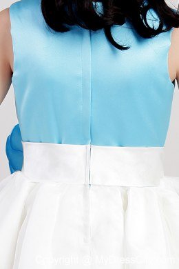 White and Blue Scoop Ankle-length Girls Party Dress with Flowers