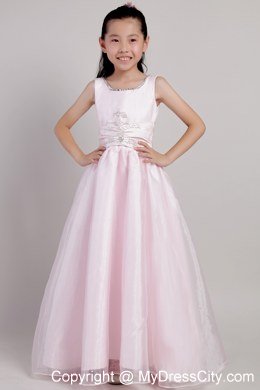 Pink Princess Scoop Beaded Flower Girl Dress with Ankle-length