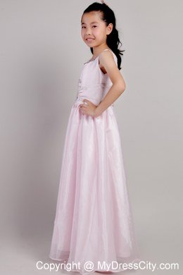 Pink Princess Scoop Beaded Flower Girl Dress with Ankle-length