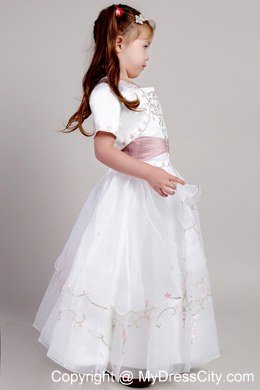 White A-line Ankle-length Embroidery Flower Girl Dress in Square