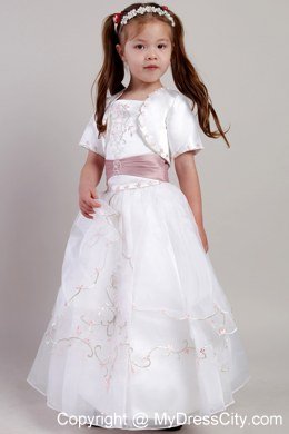 White A-line Ankle-length Embroidery Flower Girl Dress in Square