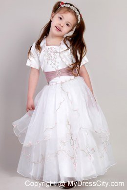 White A-line Ankle-length Embroidery Flower Girl Dress in Square